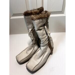 Y2K Snowboots White Leather Fur Lined Size 8